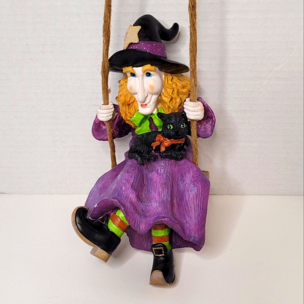 Witch on a Swing with Black Cat Hanging Decor Kitchen Witch Halloween RARE